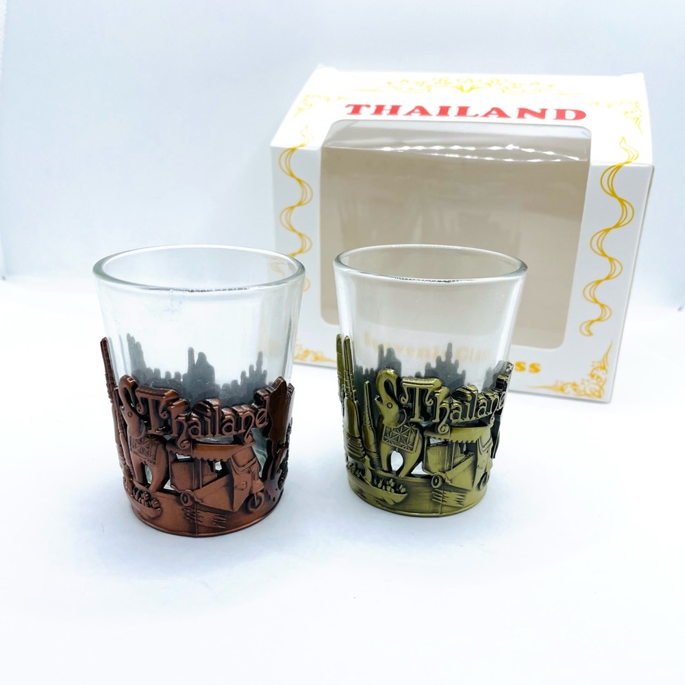 Vintage Set of 2 Thailand Shot Glasses Souvenir 1 Gold design,1 Bronze 2.5" H